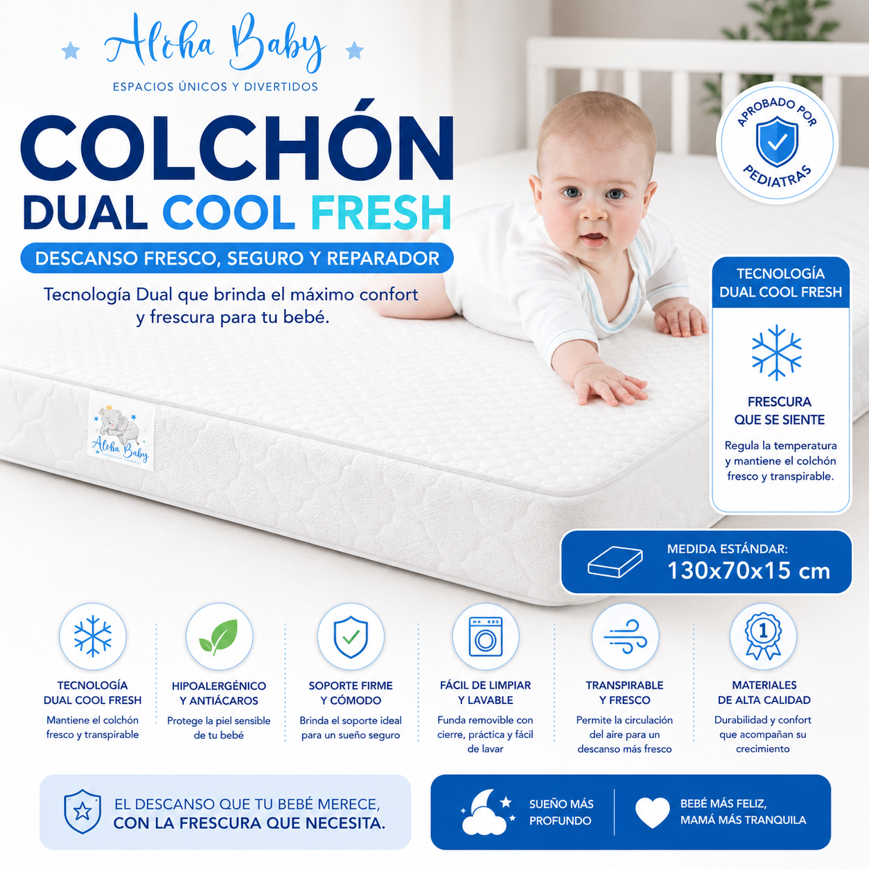 Colchón Dual Cool Fresh 130x70x15 Aloha Baby – Seguridad, Confort y Aval Pediátrico
