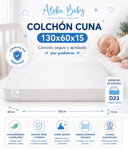 Colchón Cuna 130x60x15 Aloha Baby – Cómodo, Seguro y Aprobado por Pediatras