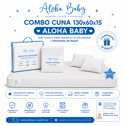 Combo Cuna 130x60x15 Aloha Baby – Todo lo que tu bebé necesita en un solo paquete + Almohadas de Regalo