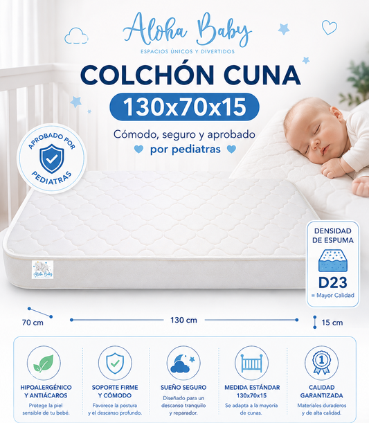 Colchón Cuna 130x70x15 Aloha Baby – Cómodo, Seguro y Aprobado por Pediatras