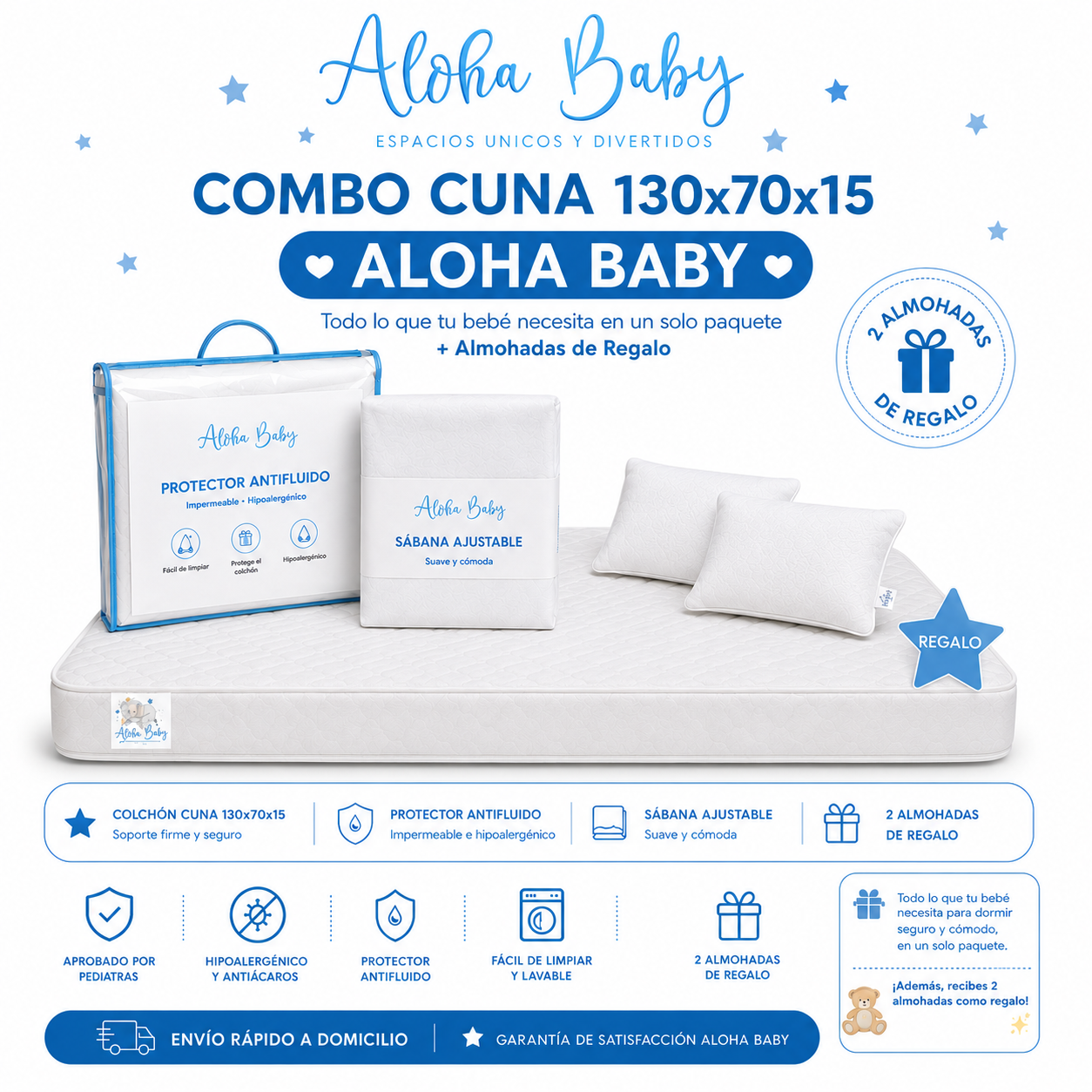 ⭐Combo Cuna 130x70x15 Aloha Baby – Todo lo que tu bebé necesita en un solo paquete + Almohadas de Regalo