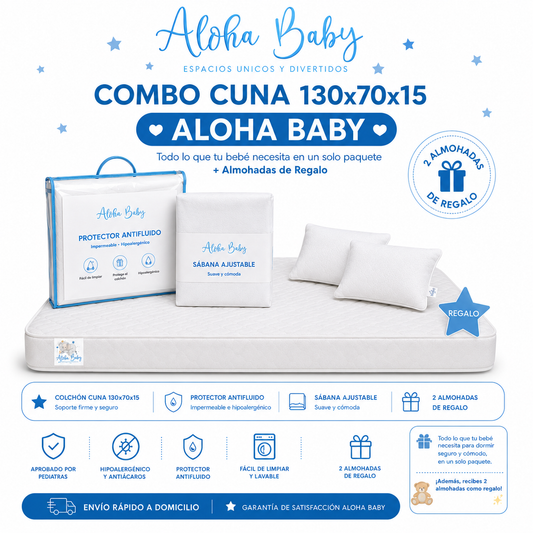 ⭐Combo Cuna 130x70x15 Aloha Baby – Todo lo que tu bebé necesita en un solo paquete + Almohadas de Regalo